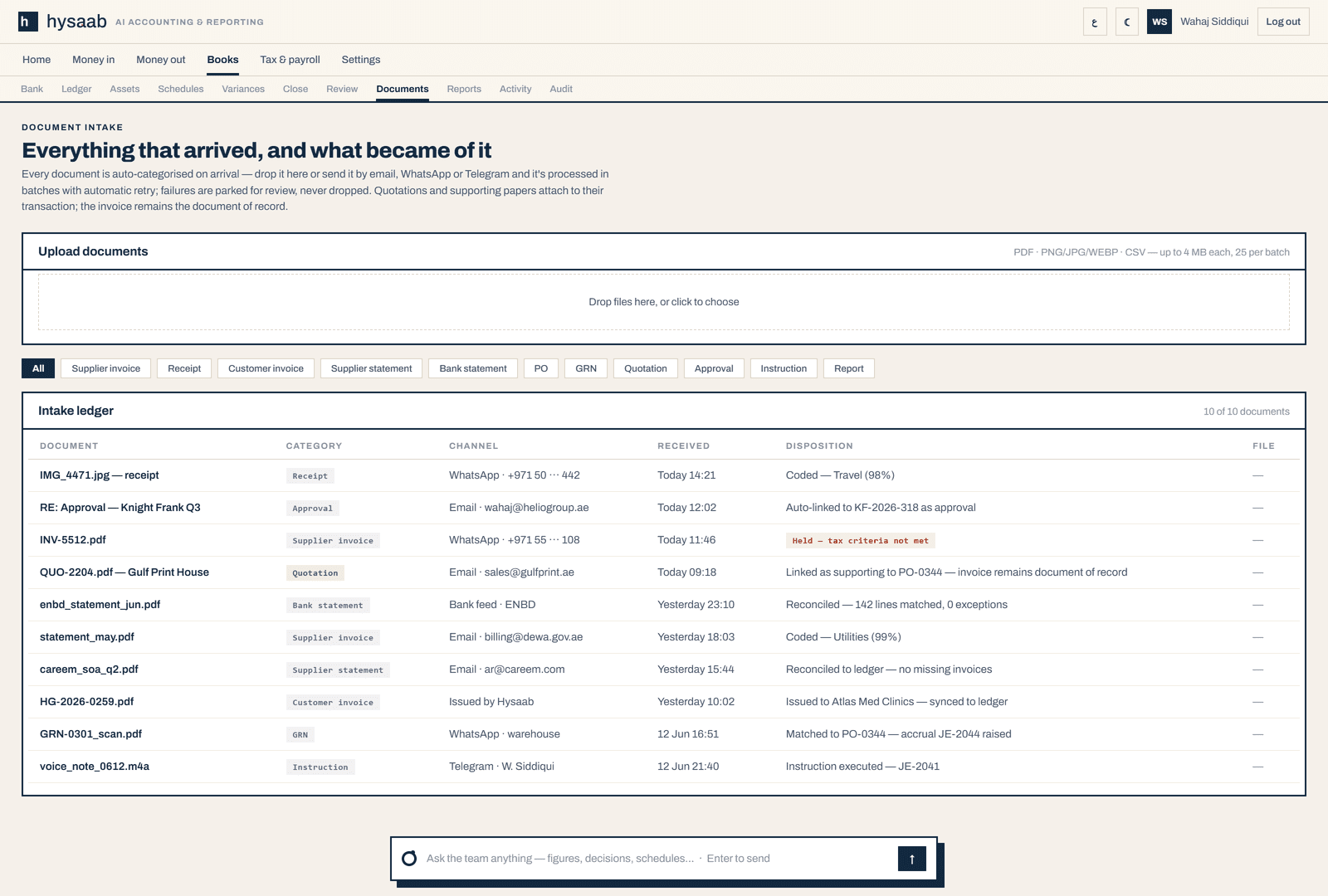Hysaab Documents — the evidence vault, every file linked to its journal