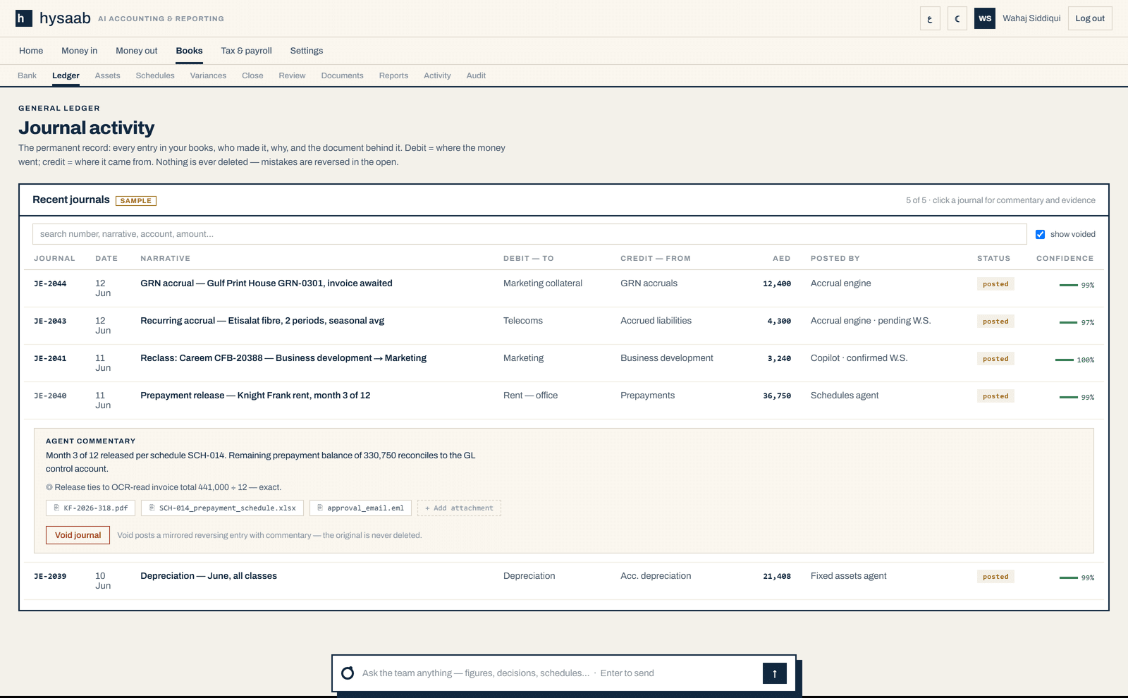 Hysaab general ledger — journal activity with agent commentary and evidence