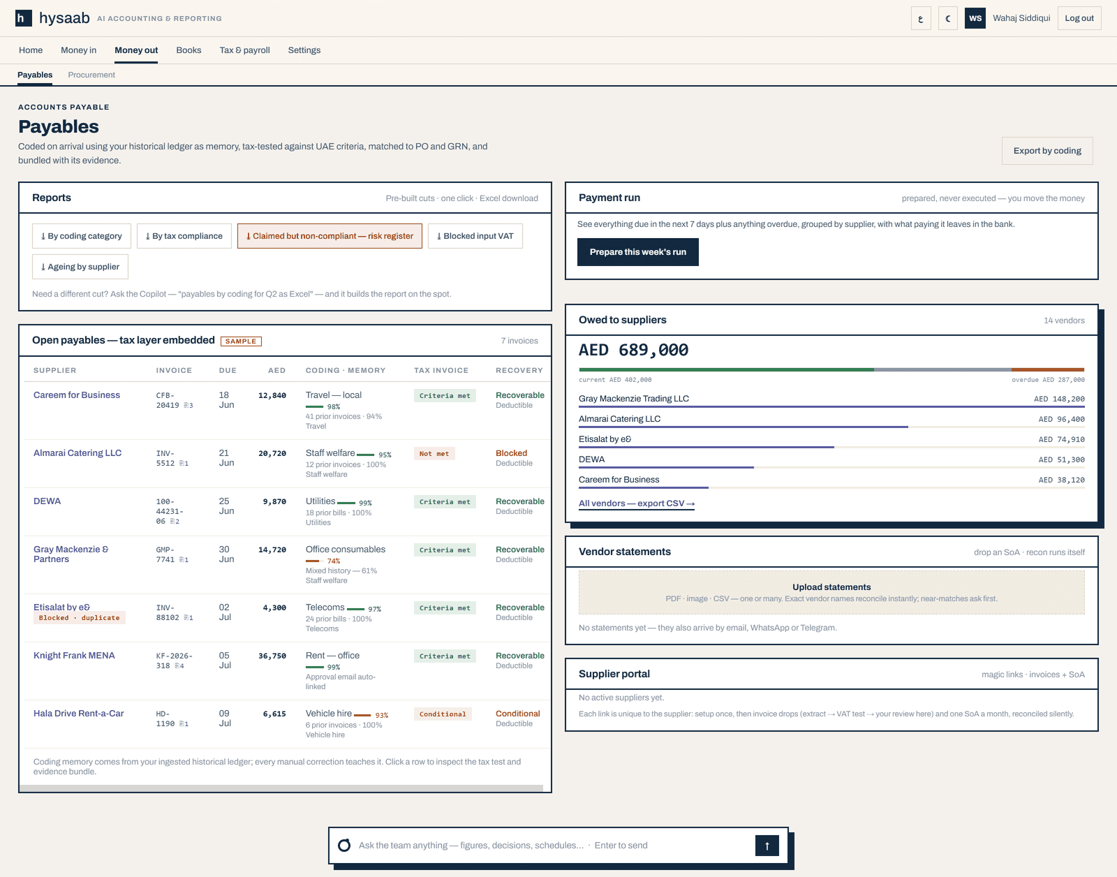 Hysaab Payables — open payables with the tax layer embedded in every row