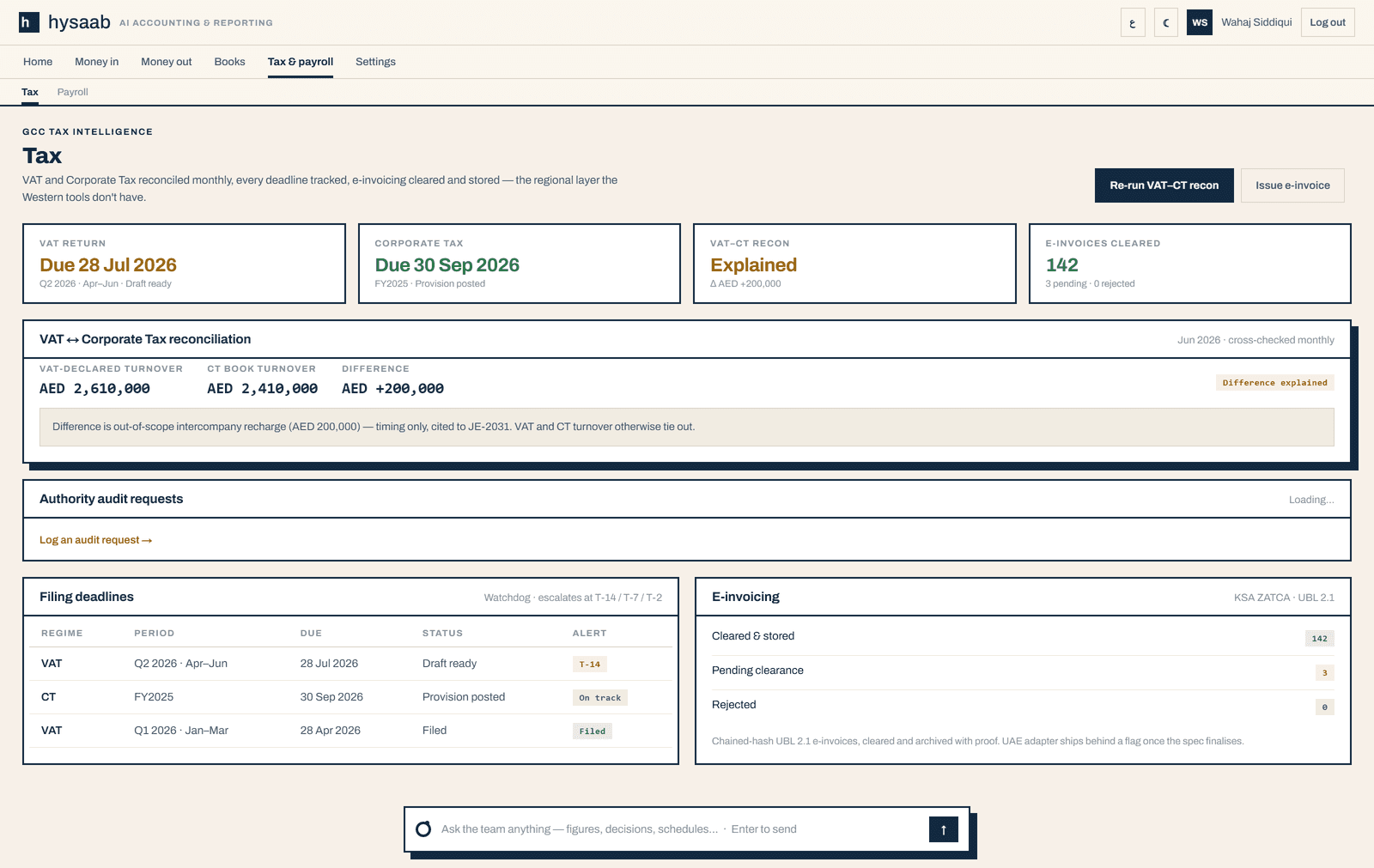 Hysaab tax — VAT–CT reconciliation, deadlines and clearance in one place