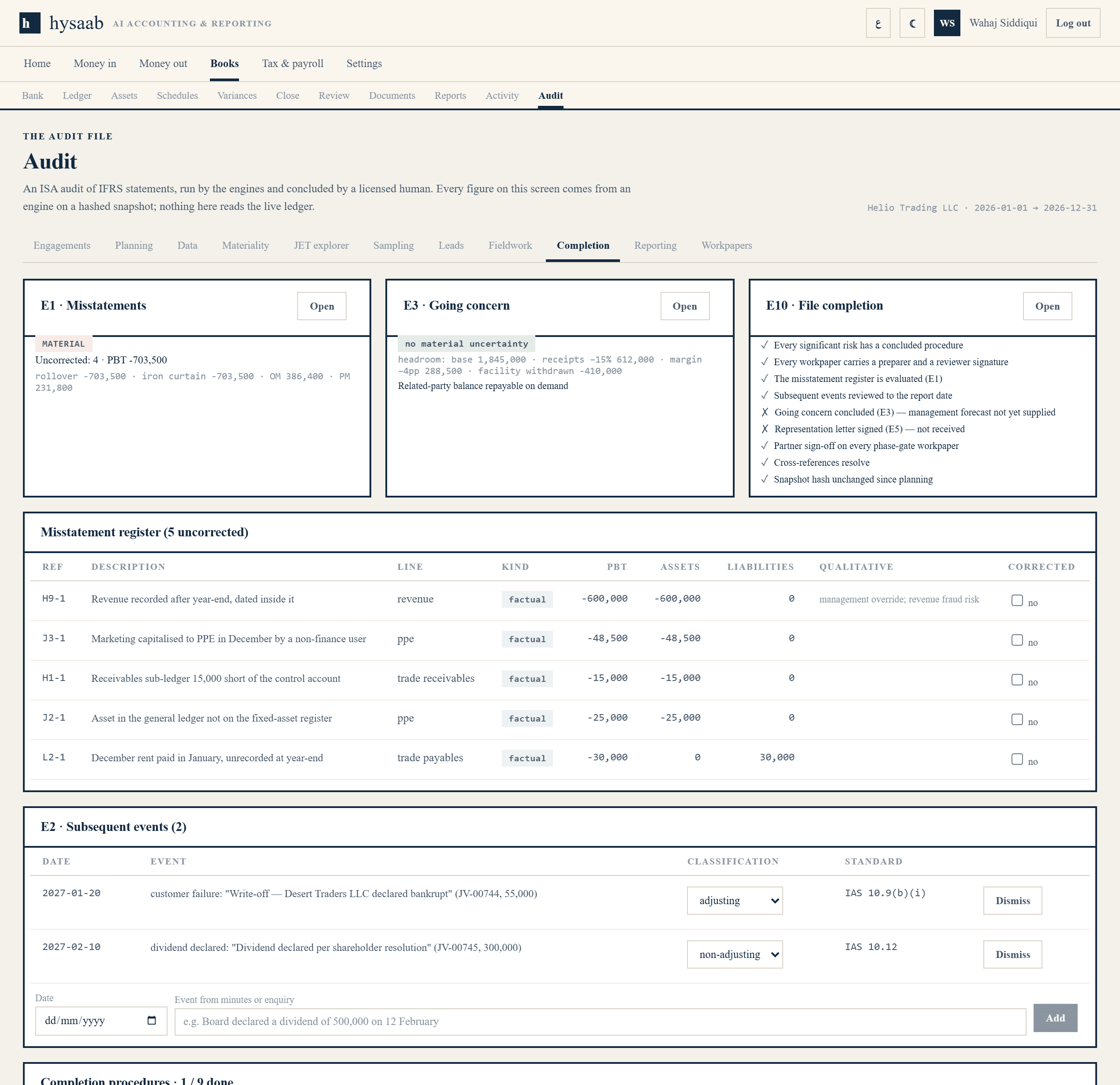 hysaab audit completion: the misstatement register evaluated against materiality on both bases, going concern with stress headroom, file completion checks, and the subsequent events classified under IAS 10