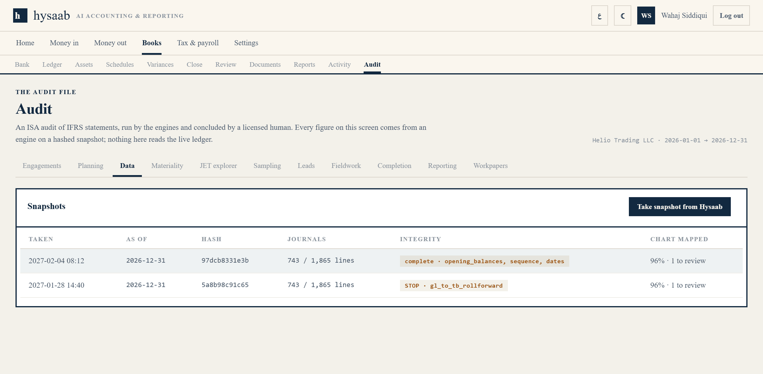 hysaab audit snapshots: the first pull marked STOP for a broken general-ledger roll-forward, the corrected pull marked complete, both with their SHA-256 hashes