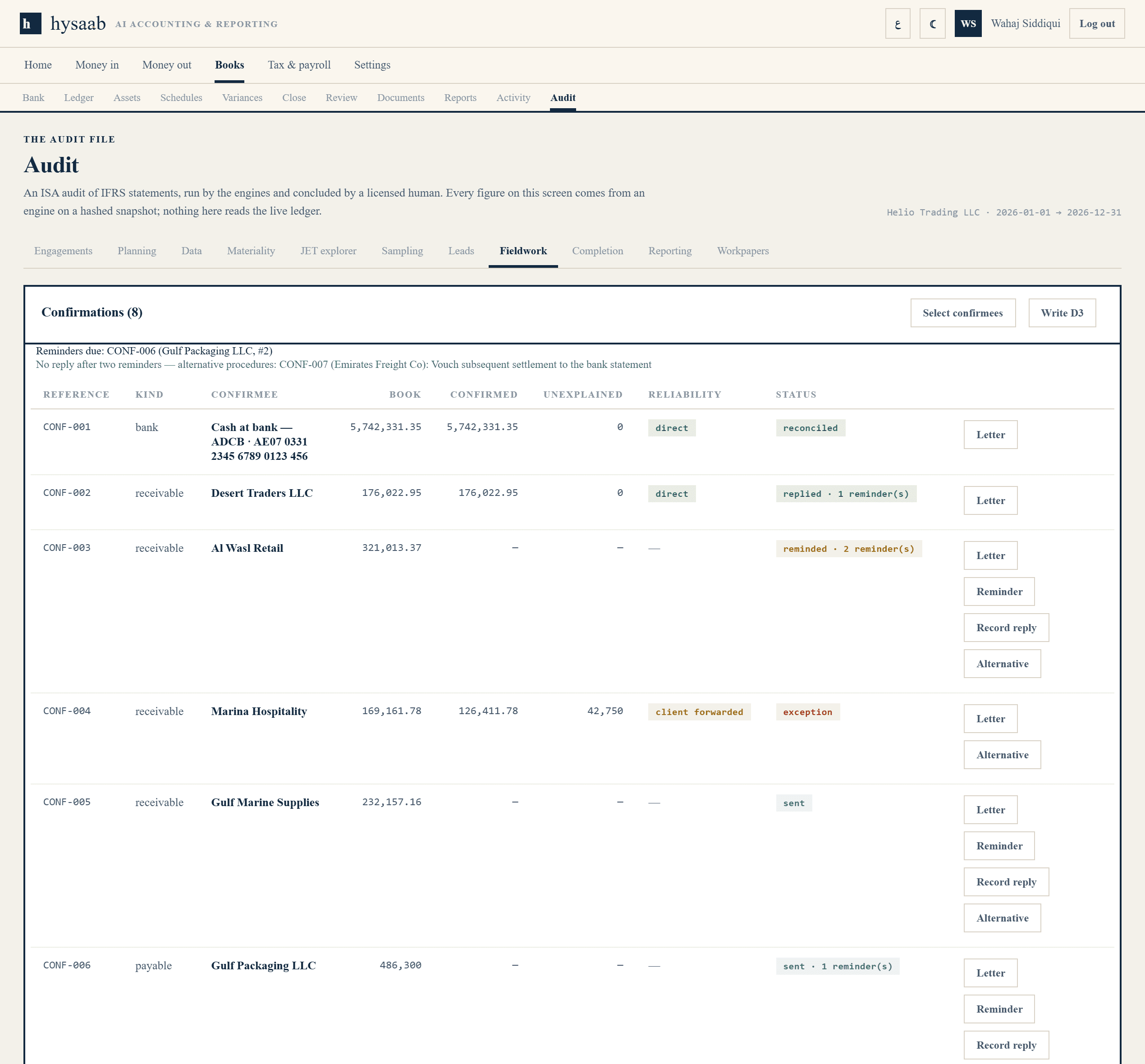 hysaab audit fieldwork: the confirmation tracker with book and confirmed balances, reliability and status, and the information request list with owners, due dates and received status