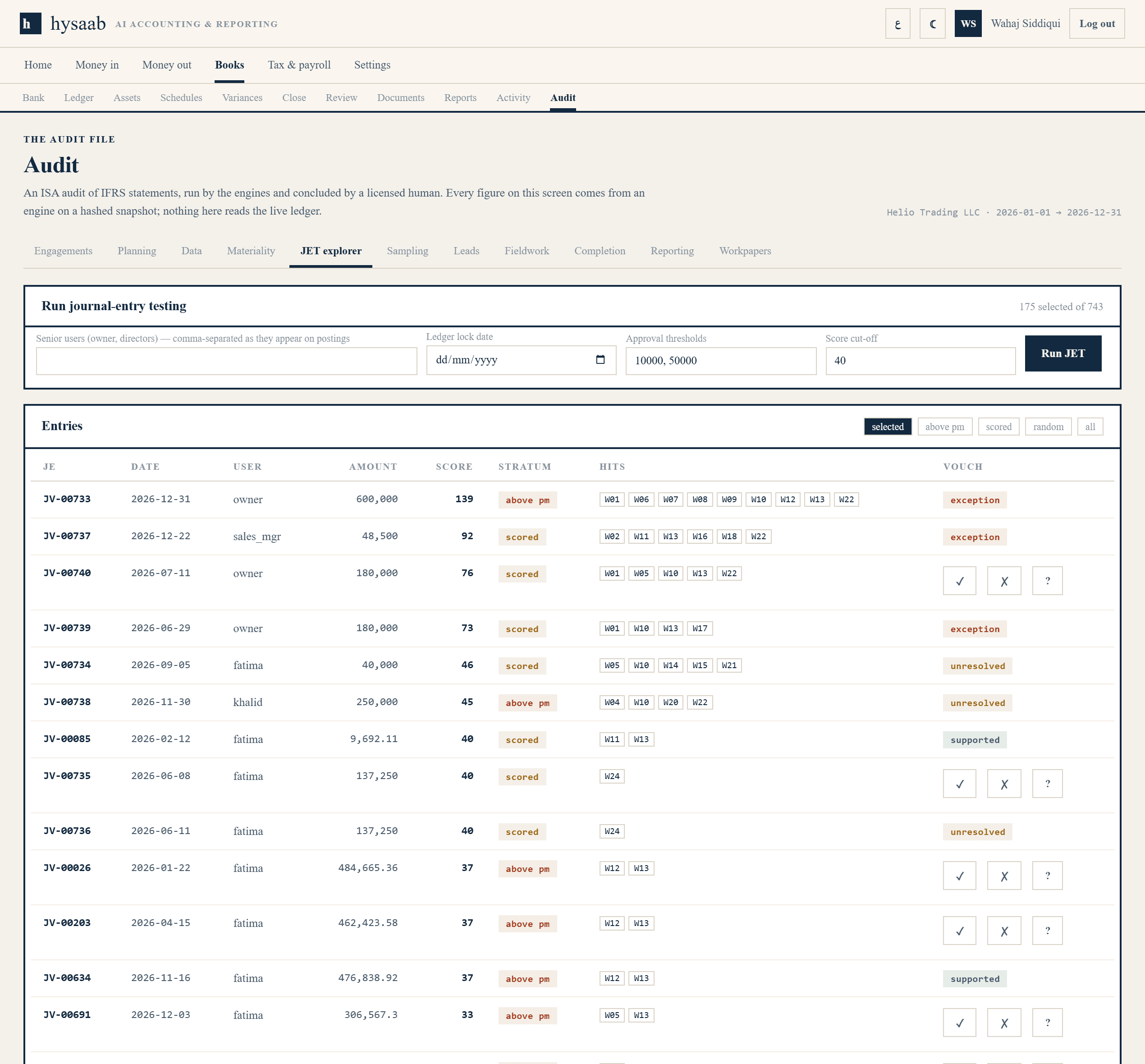 hysaab audit journal-entry testing: every journal scored against thirty criteria, stratified above performance materiality, scored and random, with the criteria hits and vouching result on each row